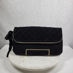 Juicy Couture Black Velvet Fold Over Clutch Quilted Rhinestone Bow Zipper Y2K